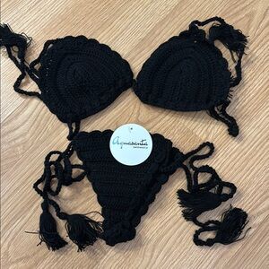 Black Textured Yarn Bikini with Braided Tassels
